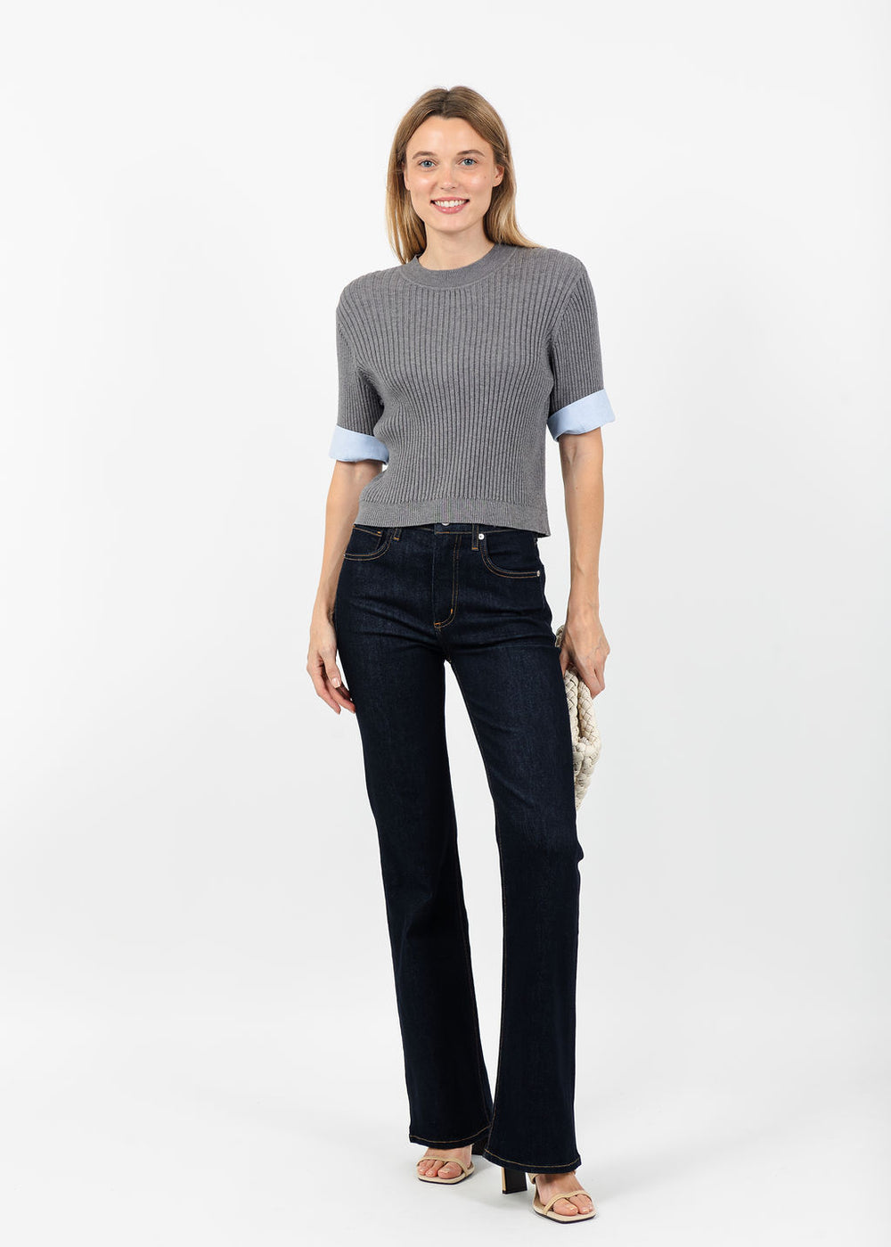 Central Park West Sienna Shirt Cuff Sweater in Grey paired with Citizens of Humanity Lilah High Rise Bootcut Jean 32.5" in Inky Rise available at Barbara Katz