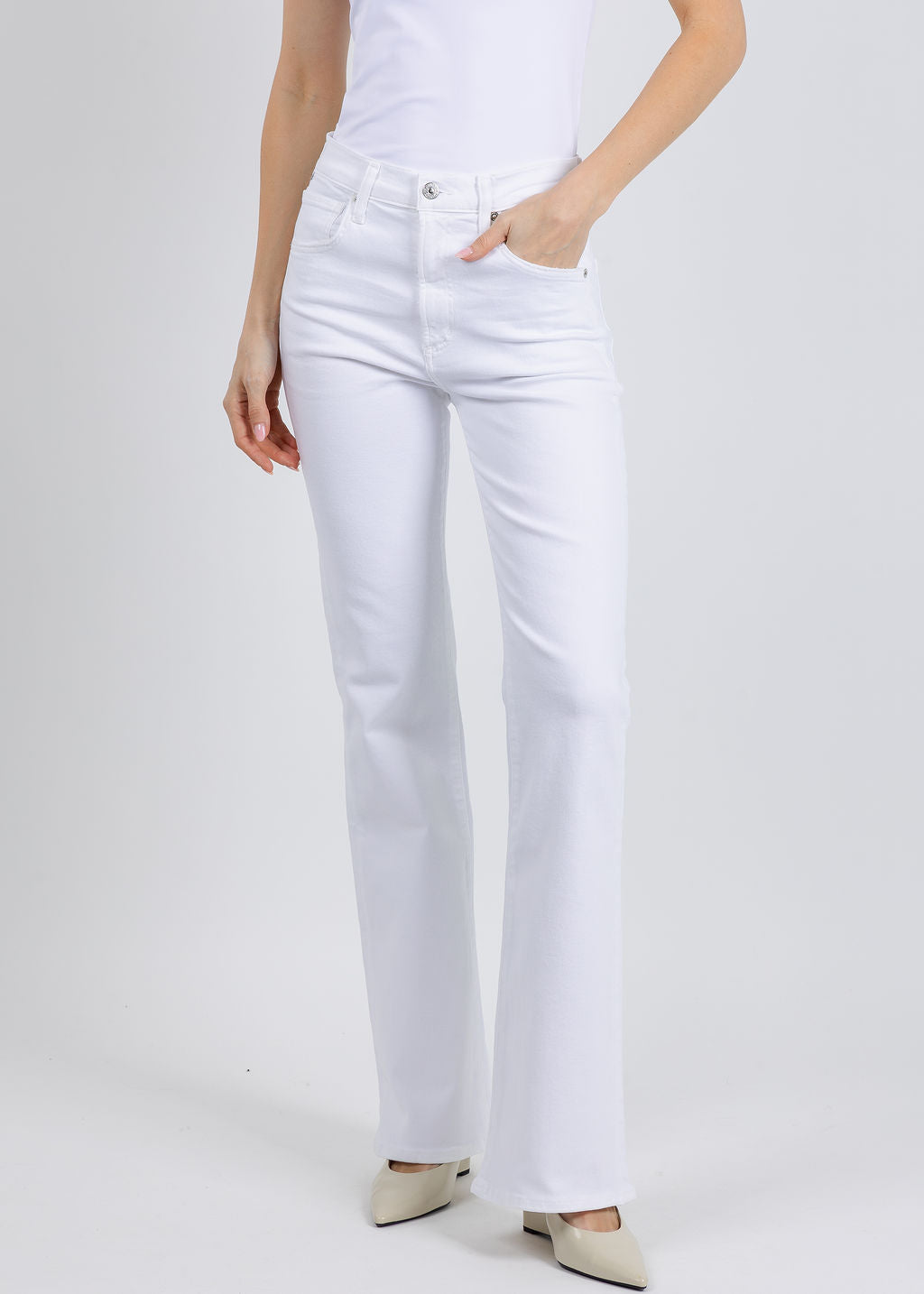 Citizens of Humanity Lilah High Rise Bootcut Jeans 32" in Soft White available at Barbara Katz
