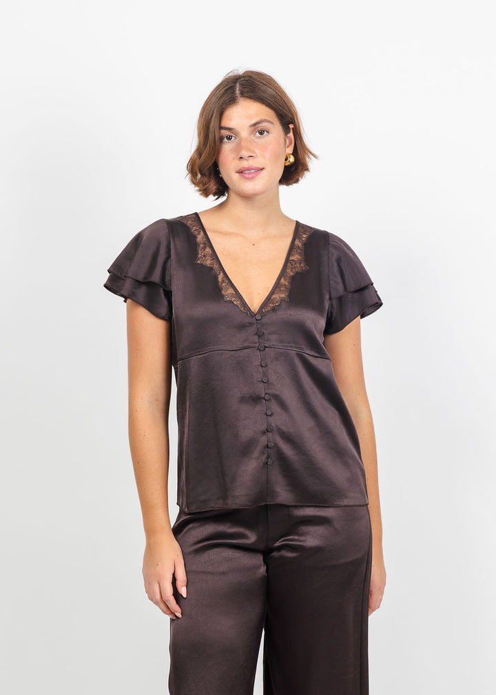 Citizens of Humanity Lola Flutter Lace Sleeve Satin Top in Espresso available at Barbara Katz