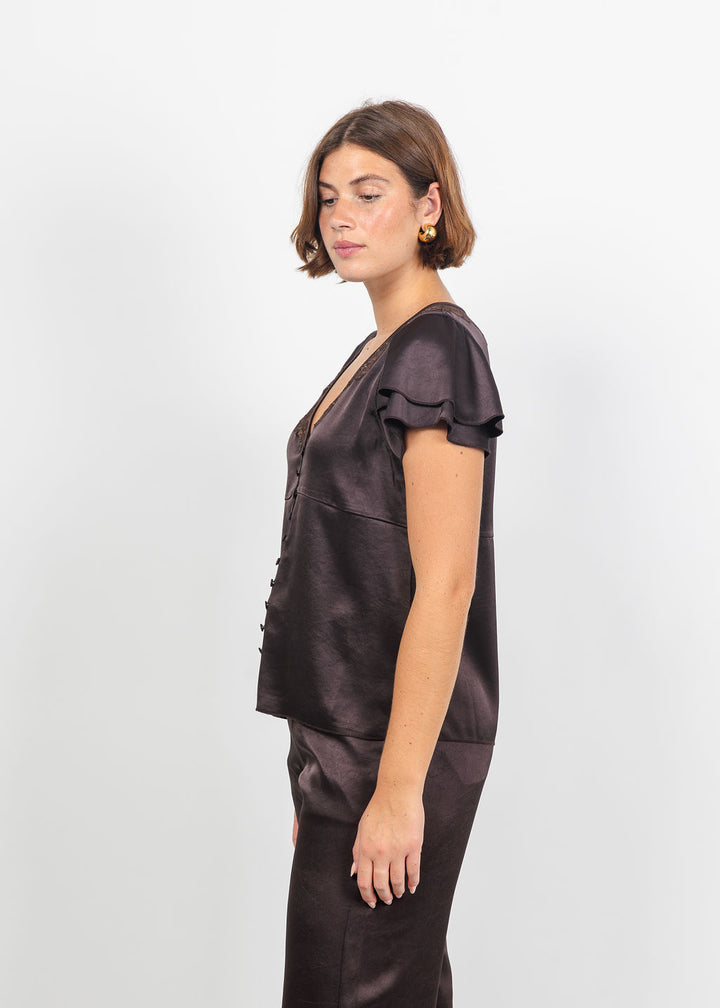 Citizens of Humanity Lola Flutter Lace Sleeve Satin Top in Espresso available at Barbara Katz