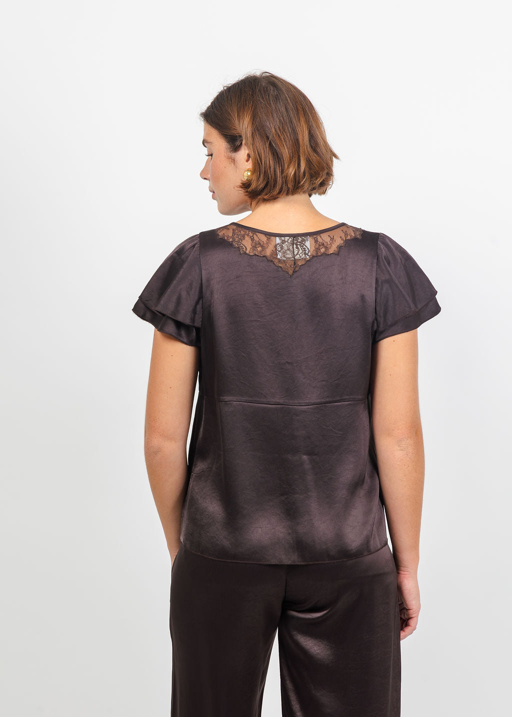 Citizens of Humanity Lola Flutter Lace Sleeve Satin Top in Espresso available at Barbara Katz