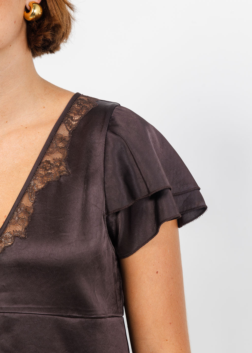 Citizens of Humanity Lola Flutter Lace Sleeve Satin Top in Espresso available at Barbara Katz