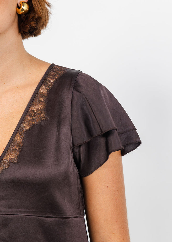Citizens of Humanity Lola Flutter Lace Sleeve Satin Top in Espresso available at Barbara Katz