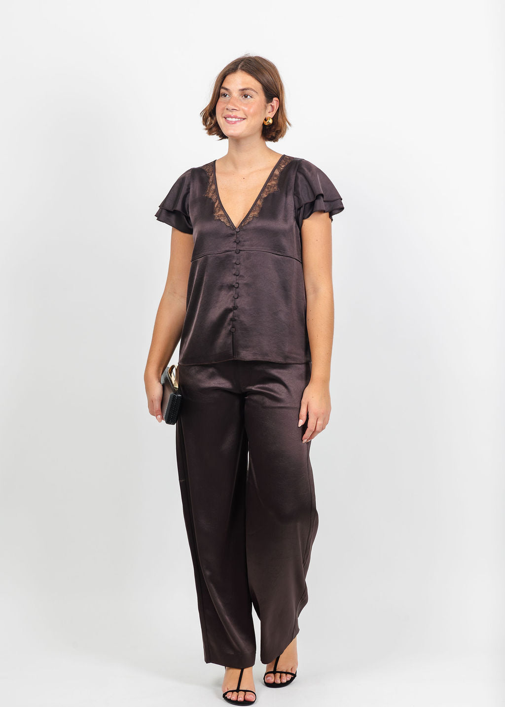 Citizens of Humanity Lola Flutter Lace Sleeve Satin Top and Brynn Satin Trouser in Espresso available at Barbara Katz