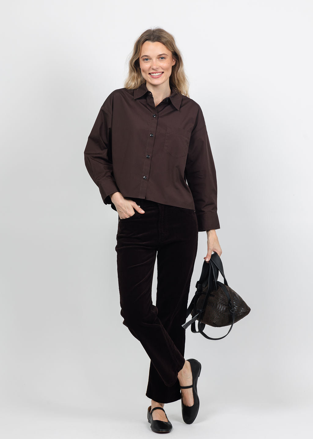 Citizens of Humanity Petit Ami Shirt in Brun paired with Citizens of Humanity Palma Straight Corduroy Pant in Barrister available at Barbara Katz