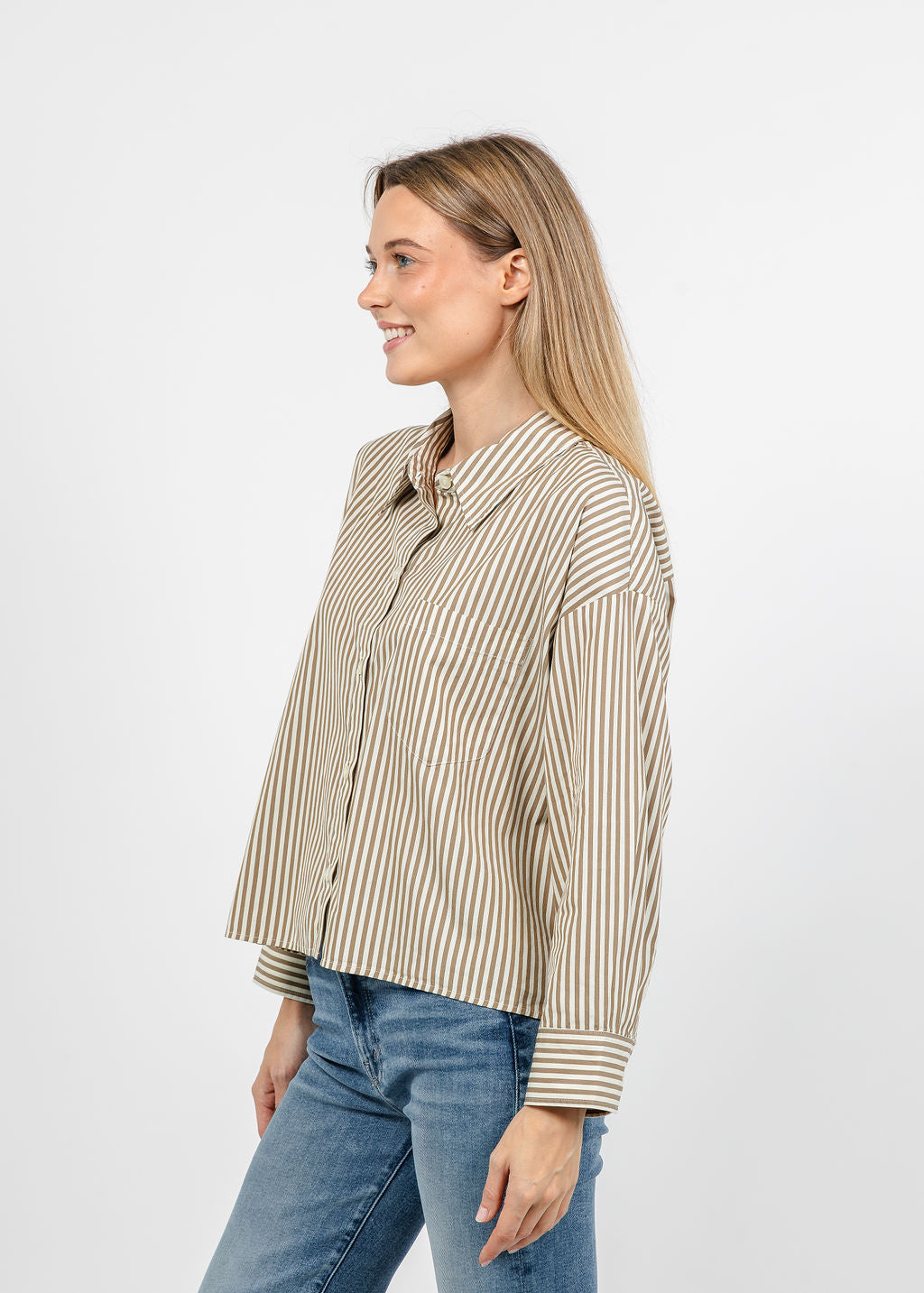 Citizens of Humanity Petit Ami Shirt in Sand Atlas Stripe available at Barbara Katz