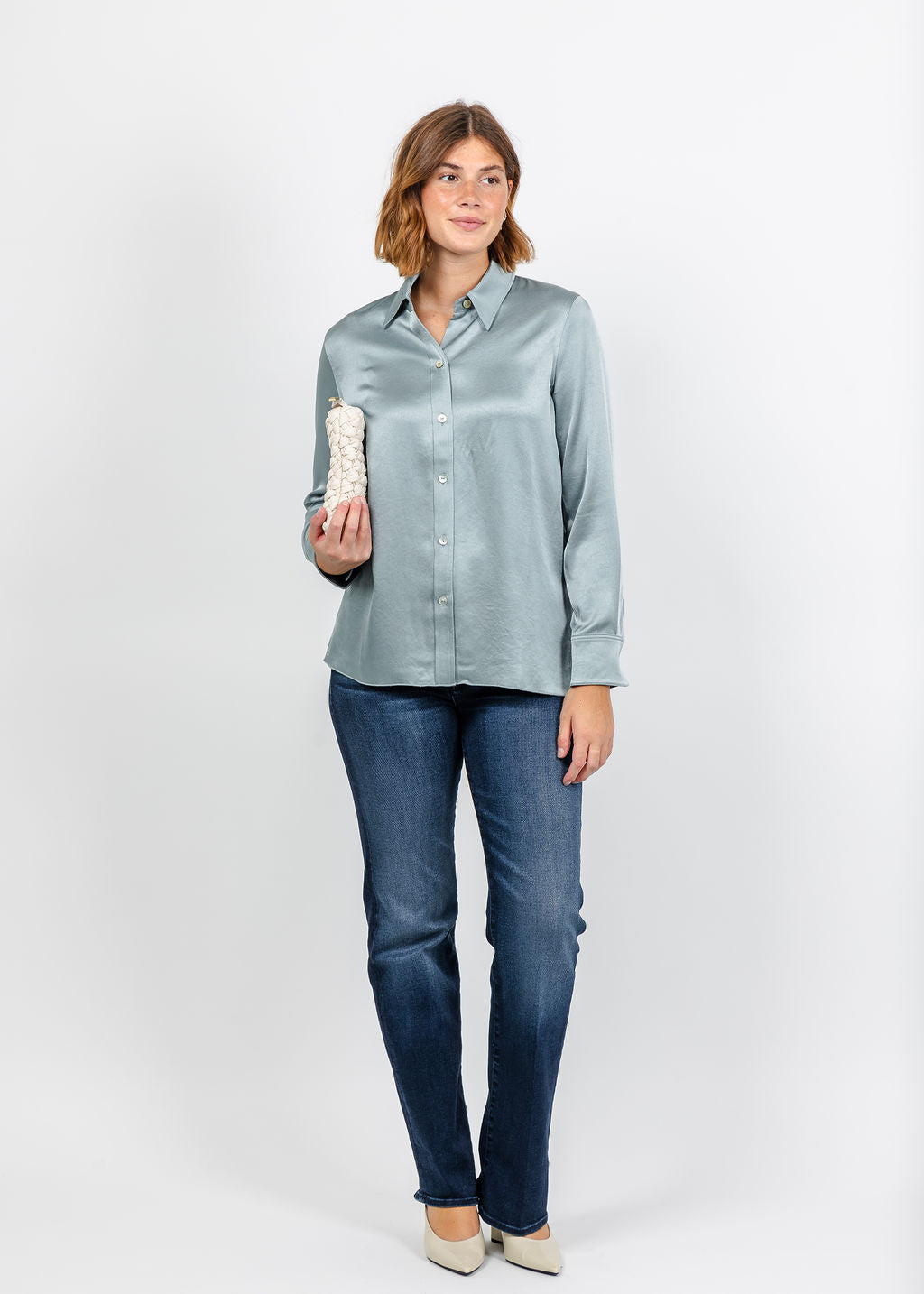 Citizens of Humanity Tullah Japanese Hammered Satin Shirt - Sea Glass available at Barbara Katz