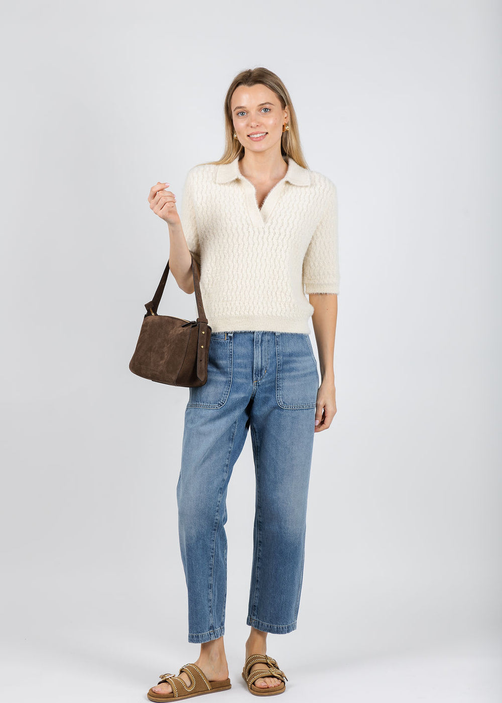 BK Moisa Polo Sweater in Birch paired with Citizens of Humanity Winslow Utility Jeans in Rowena available at Barbara Katz