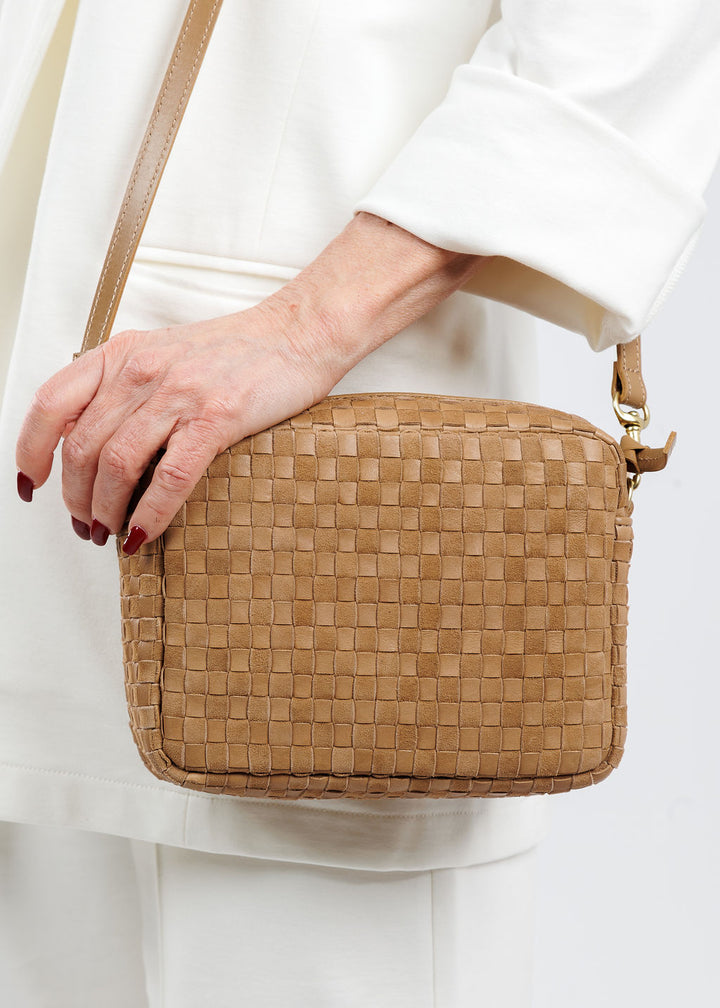 Clare V Midi Sac Crossbody Bag in Clay Nappa Leather & Suede Woven Checker available at Barbara Katz