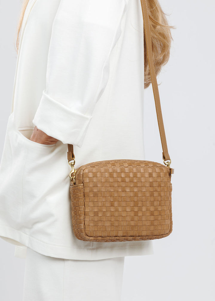 Clare V Midi Sac Crossbody Bag in Clay Nappa Leather & Suede Woven Checker available at Barbara Katz