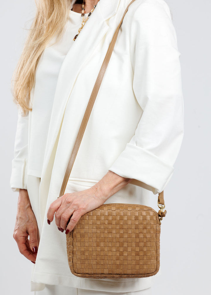 Clare V Midi Sac Crossbody Bag in Clay Nappa Leather & Suede Woven Checker available at Barbara Katz
