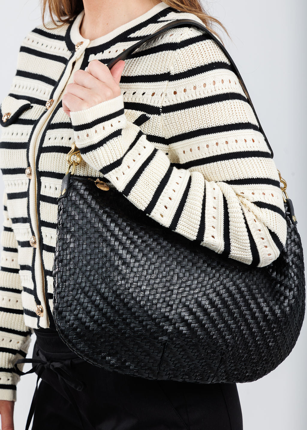 Clare V Moyen Messenger Bag in Black Woven Zigzag available at Barbara Katz