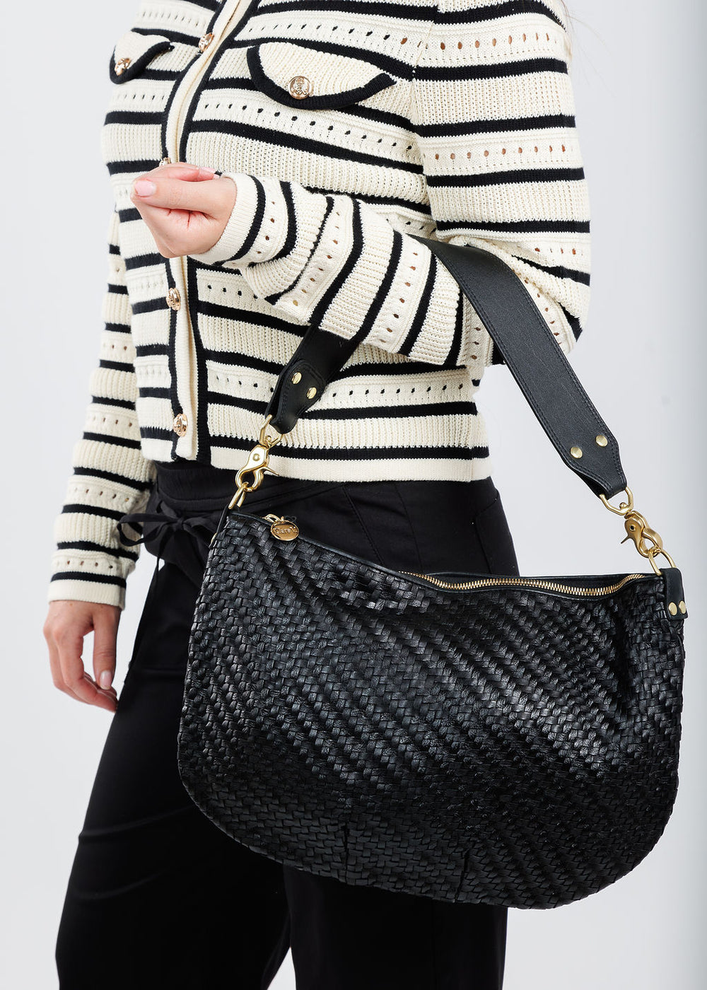 Clare V Moyen Messenger Bag in Black Woven Zigzag available at Barbara Katz