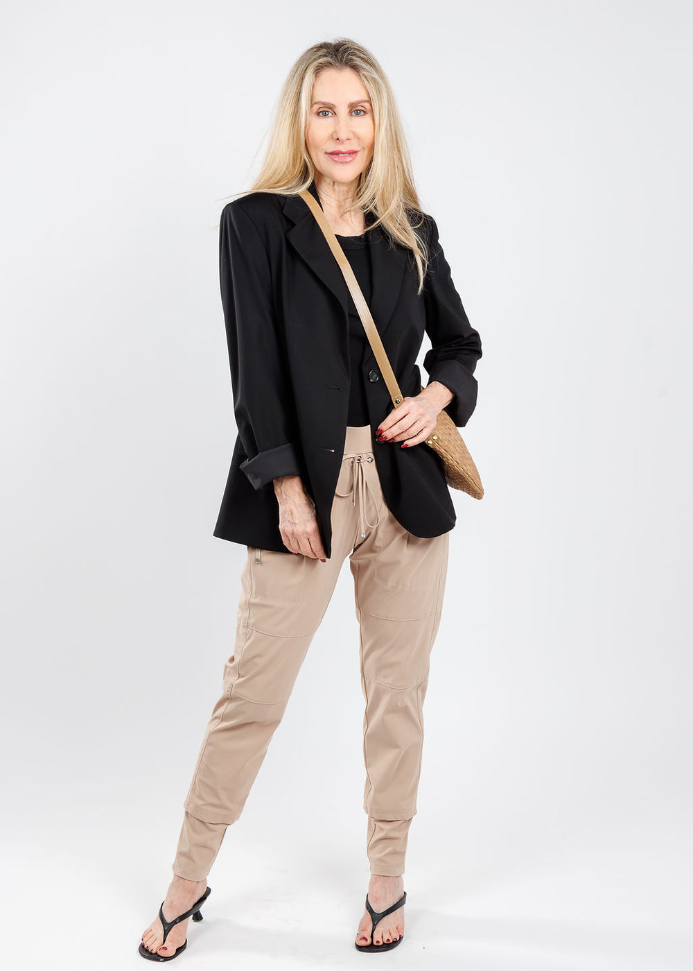 Max Mara Ebano Jersey Jacket in Black paired with Raffaello Rossi Candy Pants in Warm Taupe, Clare V Moyen Messenger Bag in Clay Nappa Leather & Suede Woven Checker available at Barbara Katz