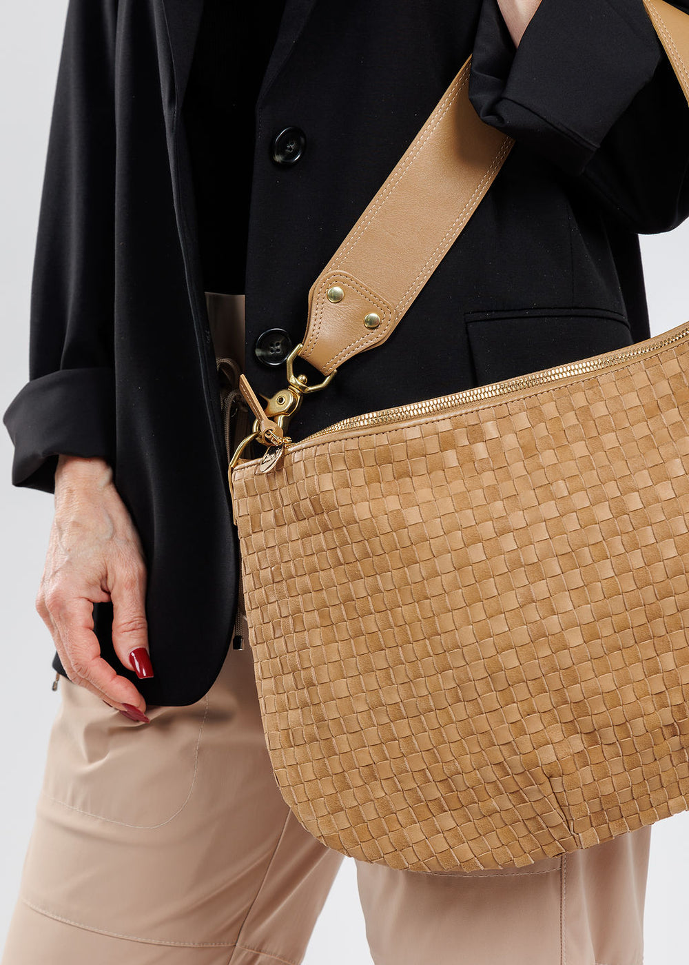 Clare V Moyen Messenger Bag in Clay Nappa Leather & Suede Woven Checker available at Barbara Katz
