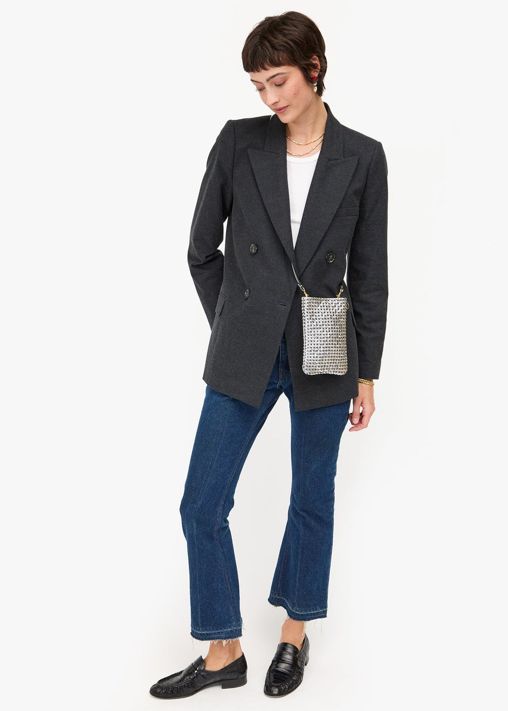 Clare V Poche Crossbody Bag in Silver Woven Etoile available at Barbara Katz