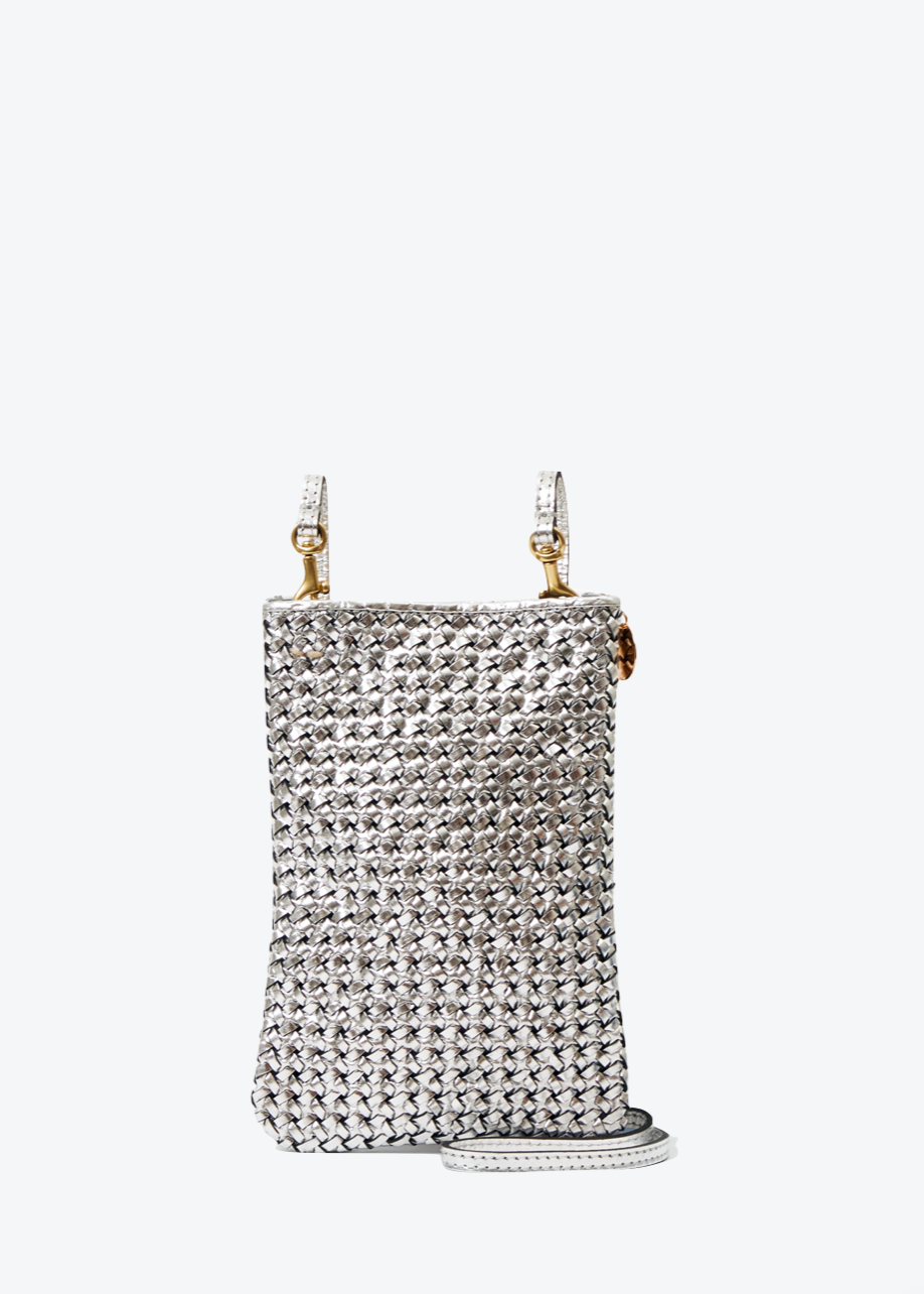 Clare V Poche Crossbody Bag in Silver Woven Etoile available at Barbara Katz