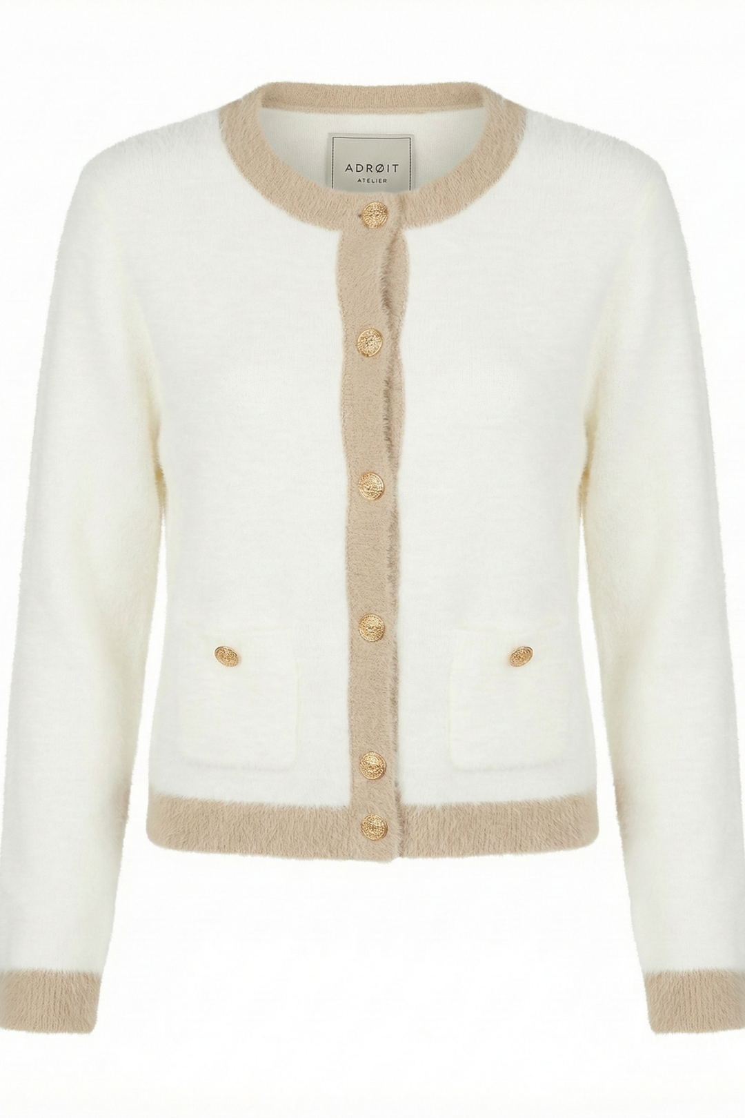 Adroit Atelier Clarissa Eyelash Cardigan With Contrast Detail in White/Cappuccino available at Barbara Katz
