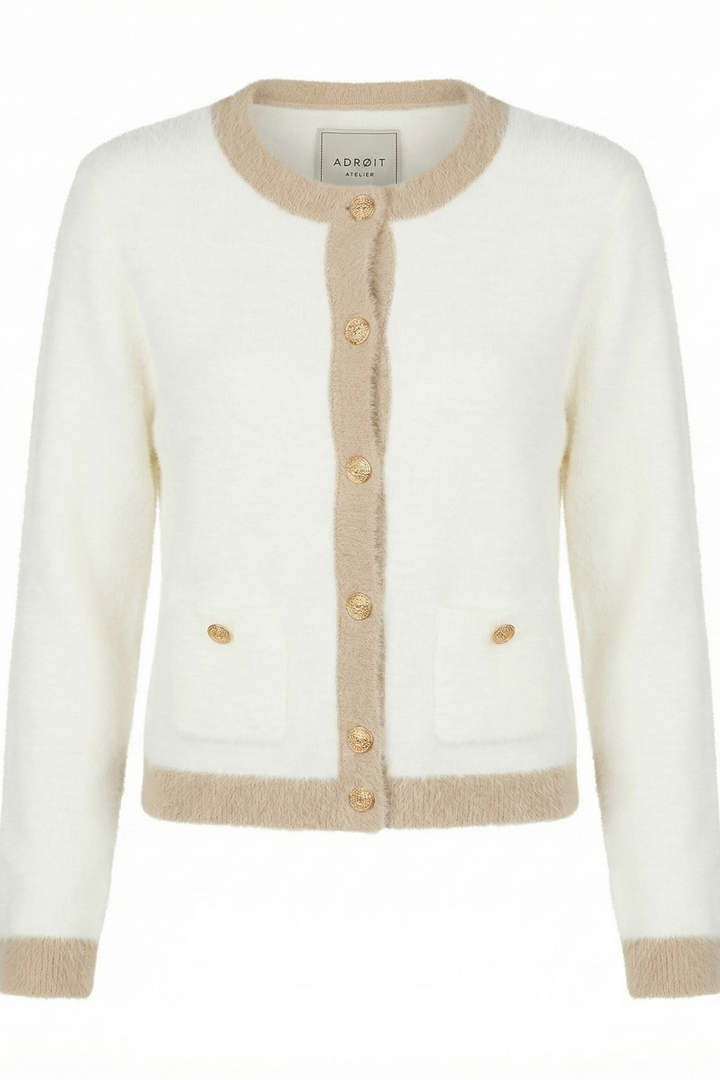 Adroit Atelier Clarissa Eyelash Cardigan With Contrast Detail in White/Cappuccino available at Barbara Katz