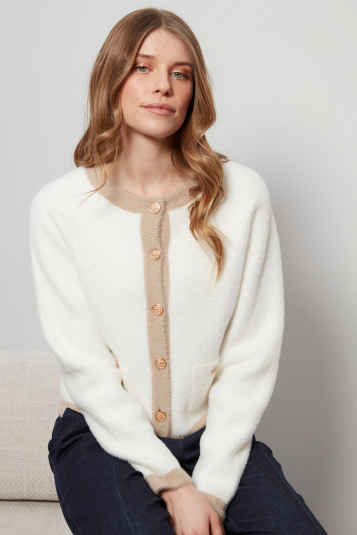 Adroit Atelier Clarissa Eyelash Cardigan With Contrast Detail in White/Cappuccino available at Barbara Katz