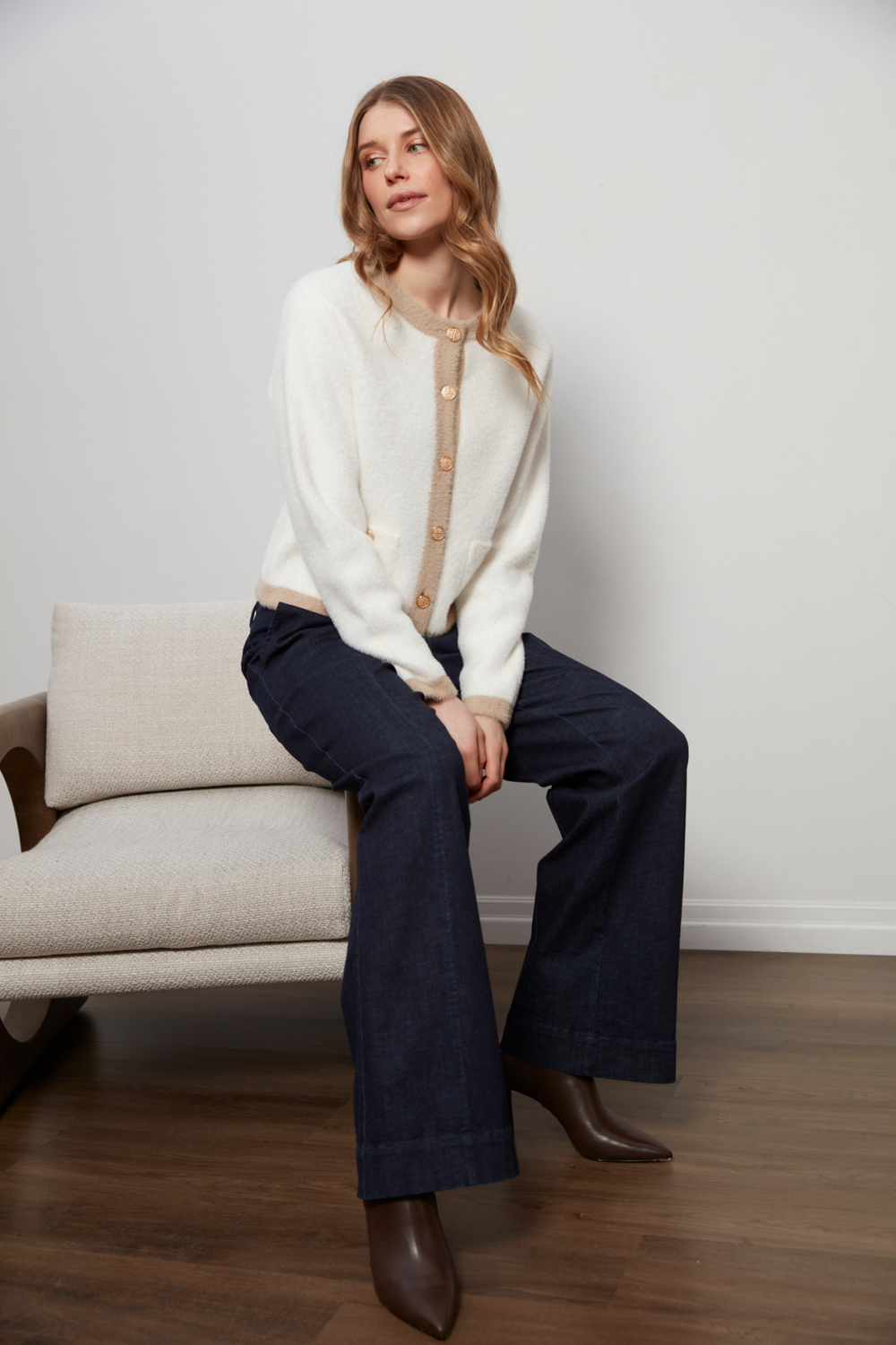 Adroit Atelier Clarissa Eyelash Cardigan With Contrast Detail in White/Cappuccino available at Barbara Katz