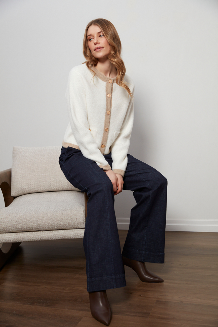 Adroit Atelier Clarissa Eyelash Cardigan With Contrast Detail in White/Cappuccino available at Barbara Katz