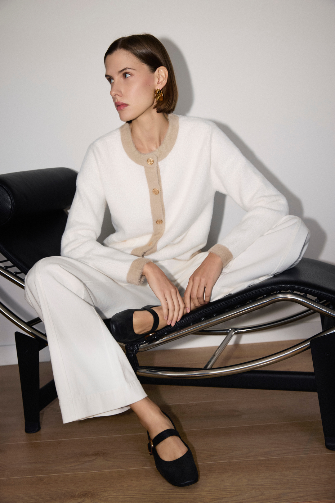 Adroit Atelier Clarissa Eyelash Cardigan With Contrast Detail in White/Cappuccino available at Barbara Katz