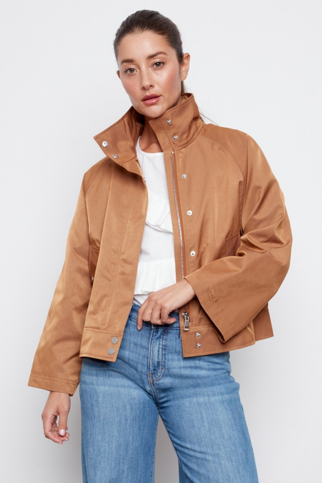 Adroit Atelier Clarke Funnel-neck Jacket With Zip Closure in Ginger available at Barbara Katz