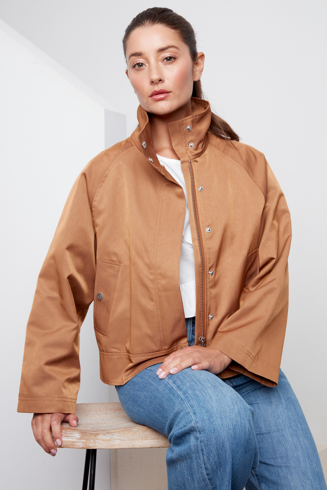 Adroit Atelier Clarke Funnel-neck Jacket With Zip Closure in Ginger available at Barbara Katz