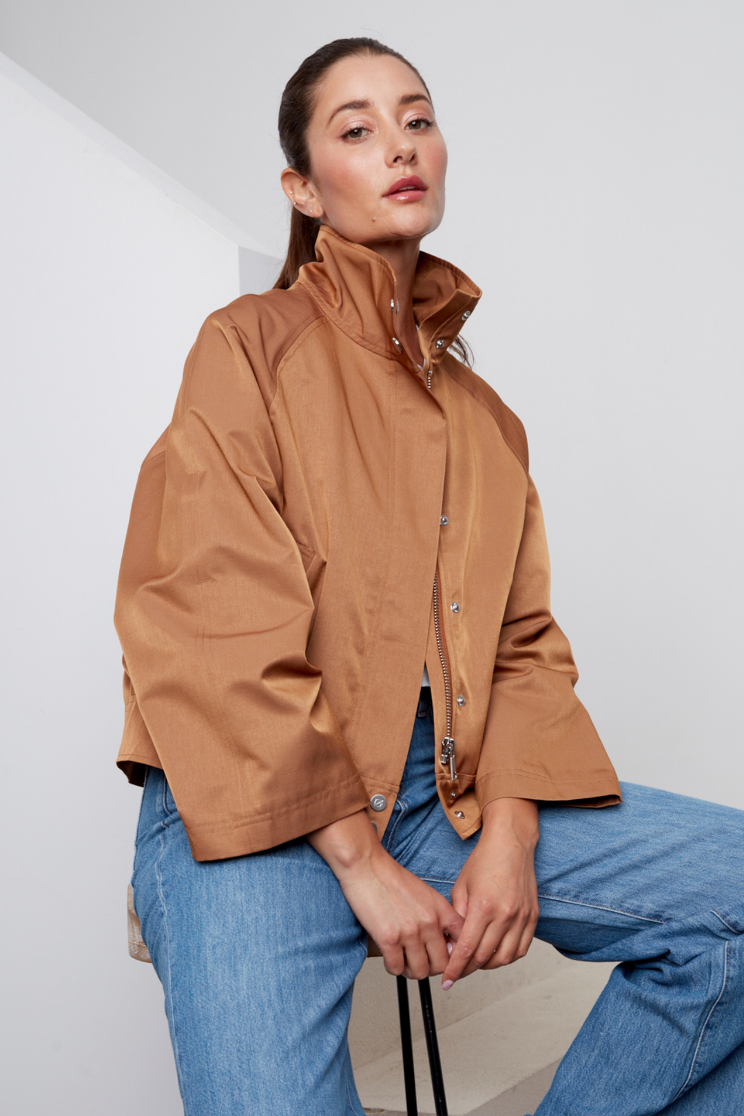 Adroit Atelier Clarke Funnel-neck Jacket With Zip Closure in Ginger available at Barbara Katz