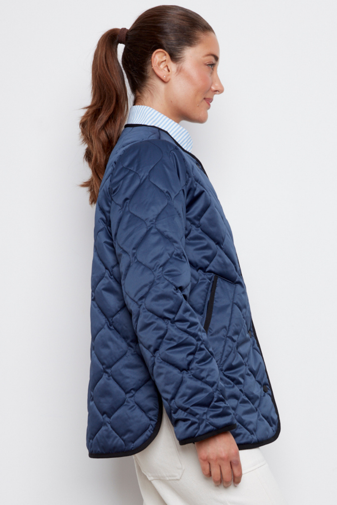Adroit Atelier Cleo Collarless Reversible Quilted Coat in Navy available at Barbara Katz