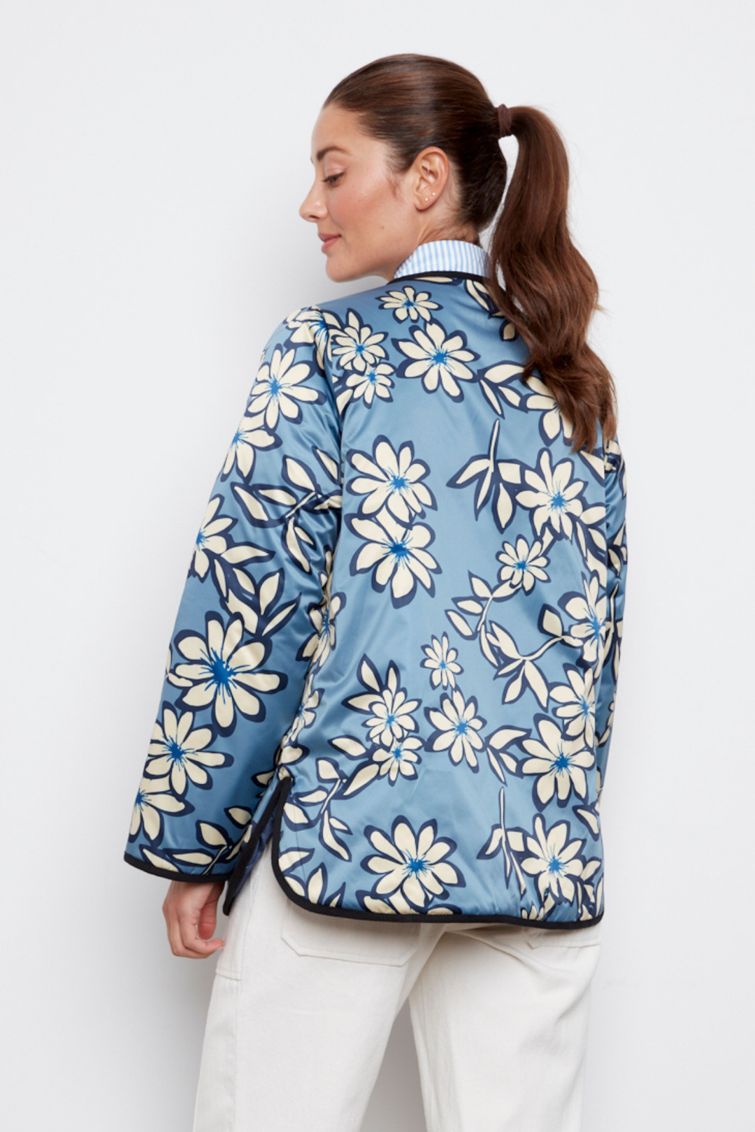 Adroit Atelier Cleo Collarless Reversible Quilted Coat in Navy available at Barbara Katz