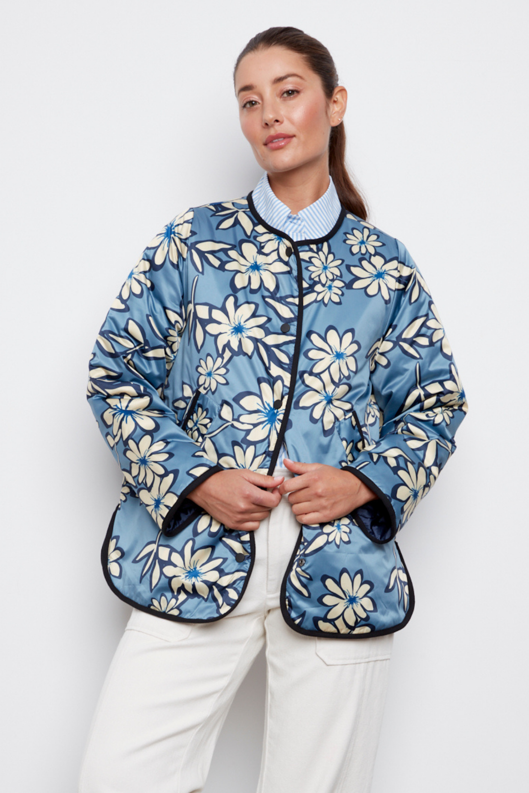 Adroit Atelier Cleo Collarless Reversible Quilted Coat in Navy available at Barbara Katz