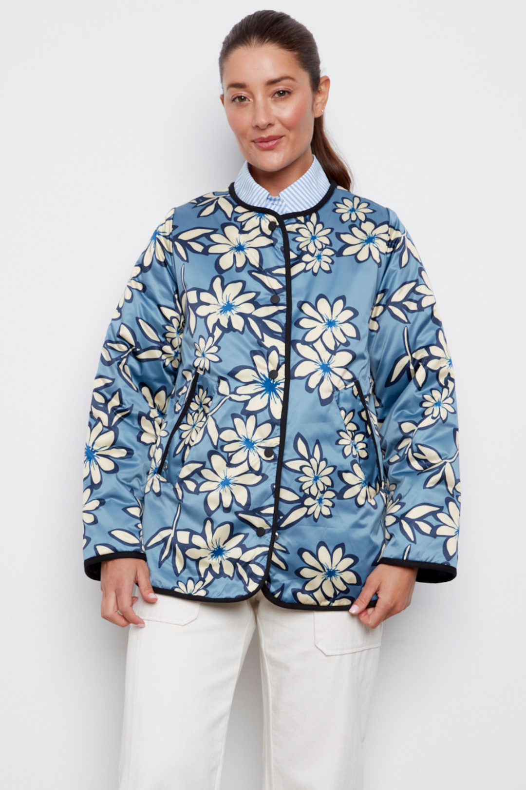 Adroit Atelier Cleo Collarless Reversible Quilted Coat in Navy available at Barbara Katz