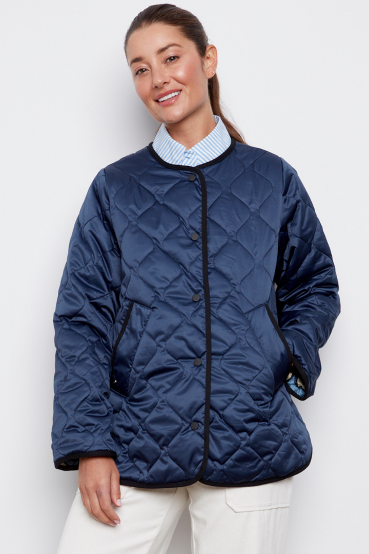 Adroit Atelier Cleo Collarless Reversible Quilted Coat in Navy available at Barbara Katz