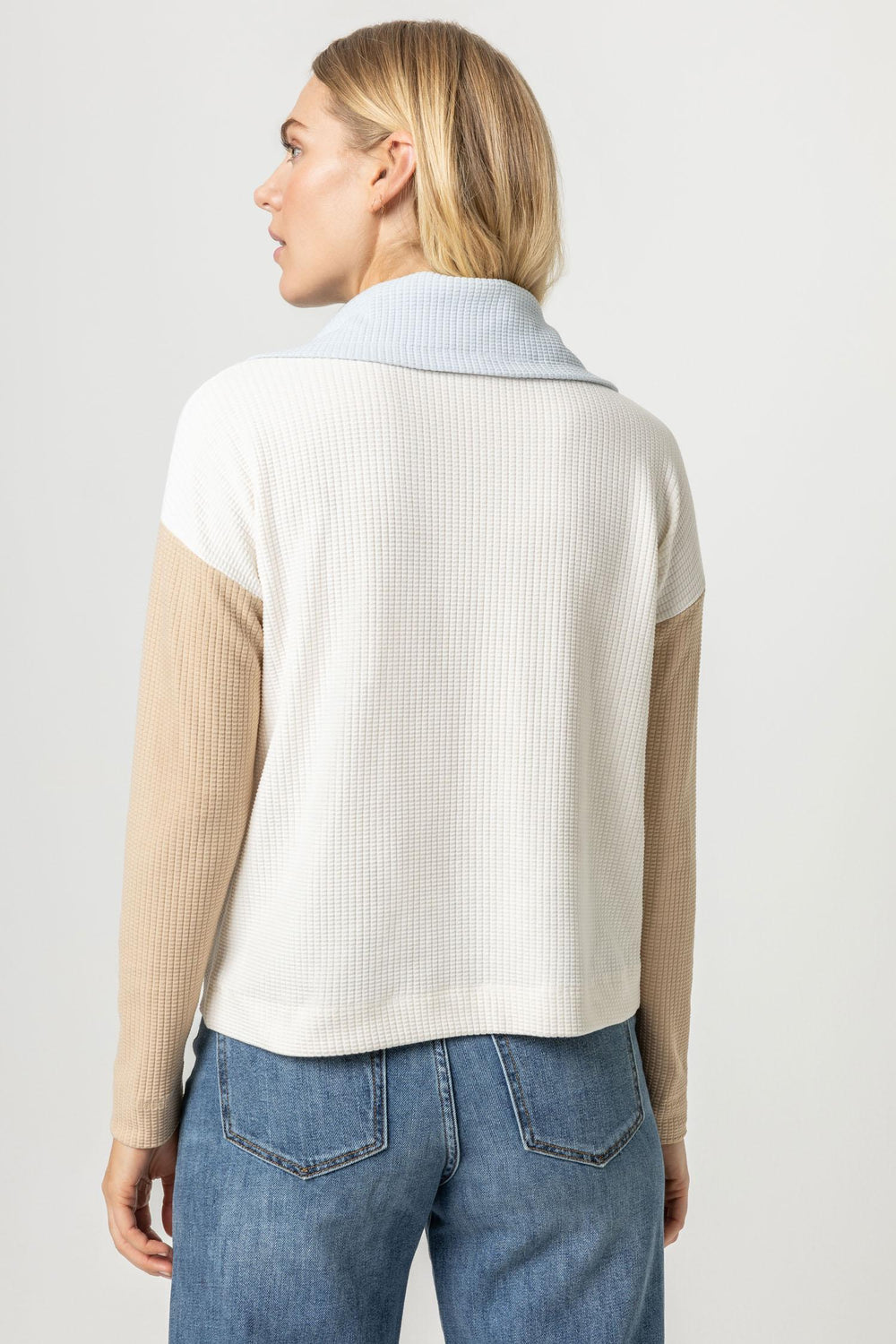 LILLA P. Colorblock Waffle Half Zip - Ecru