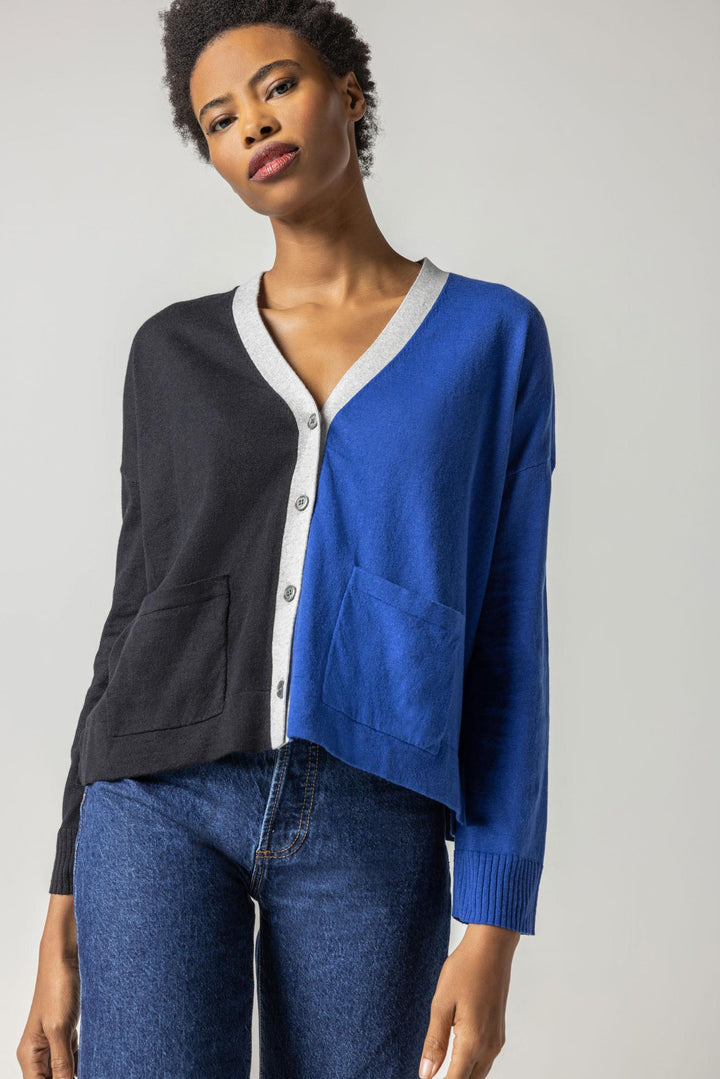 Cotton Blend Pocket Cardigan - Cobalt/Black