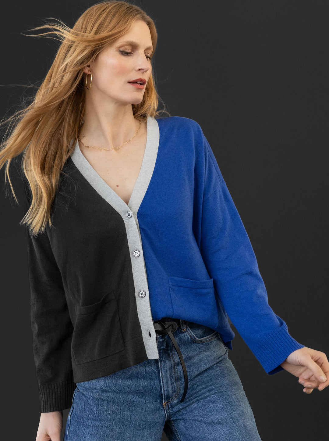 Cotton Blend Pocket Cardigan - Cobalt/Black