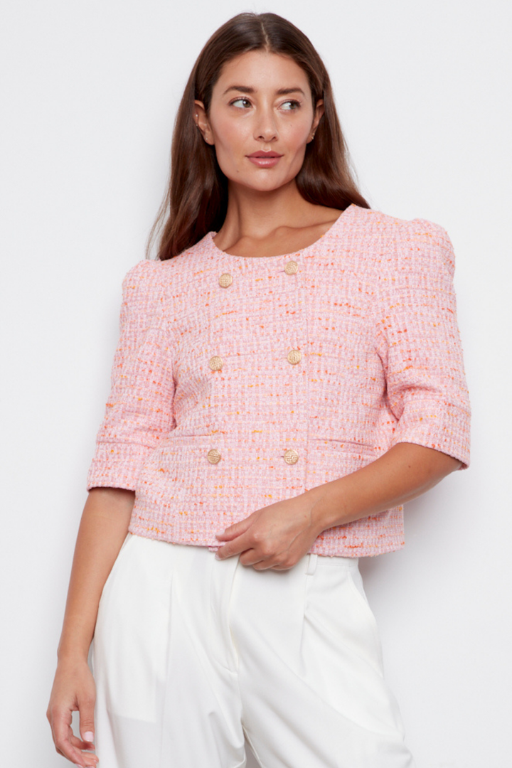 Cricket Double Breasted Textured Woven Short Blazer - Pink Tweed
