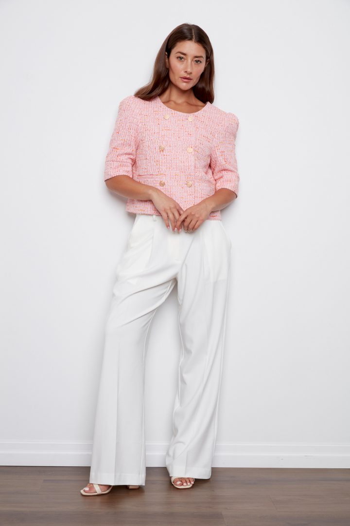 Cricket Double Breasted Textured Woven Short Blazer - Pink Tweed