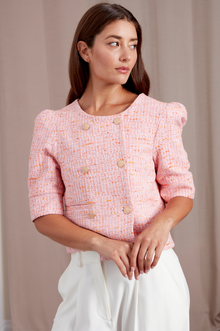 Cricket Double Breasted Textured Woven Short Blazer - Pink Tweed