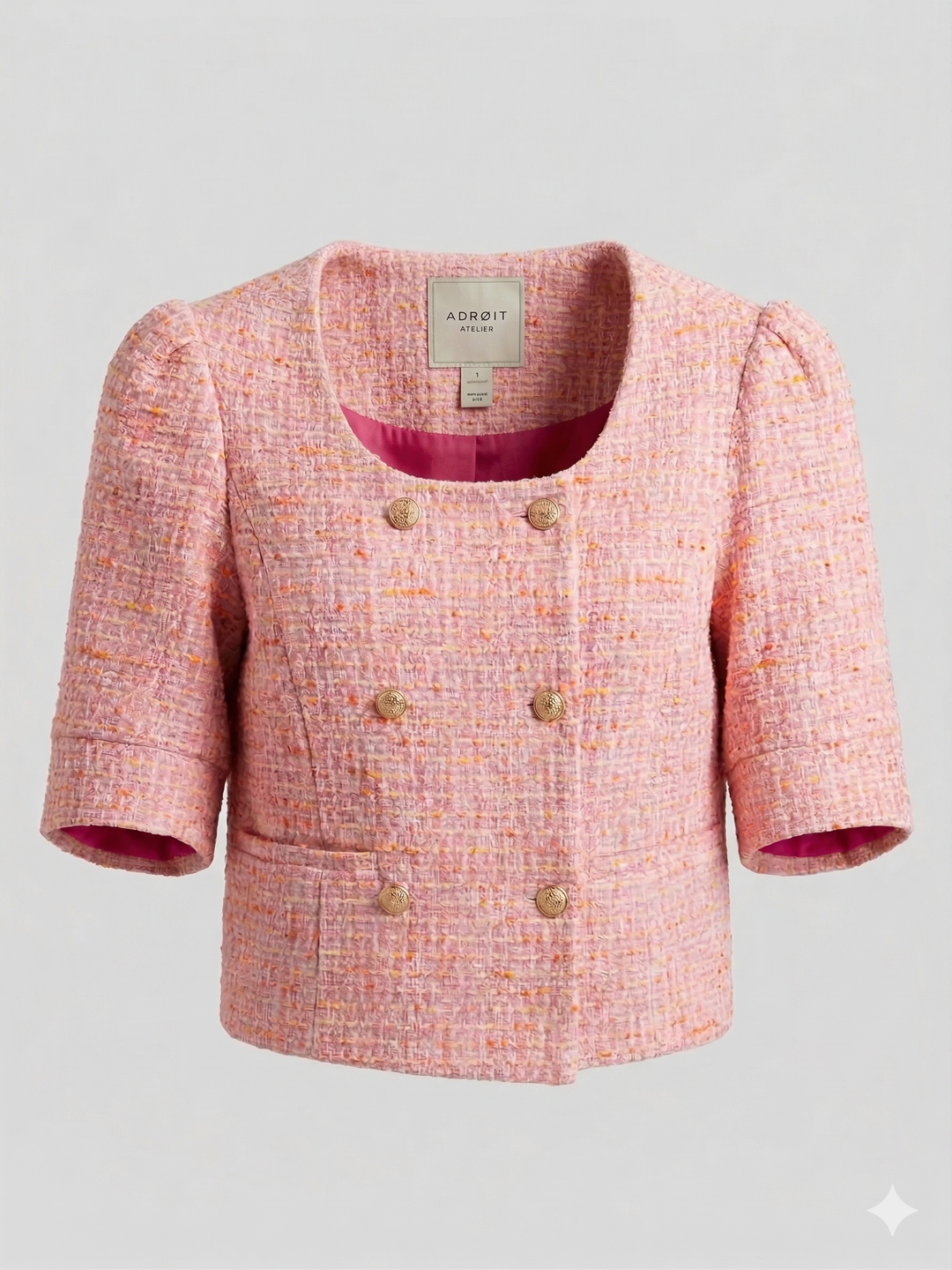 Cricket Double Breasted Textured Woven Short Blazer - Pink Tweed