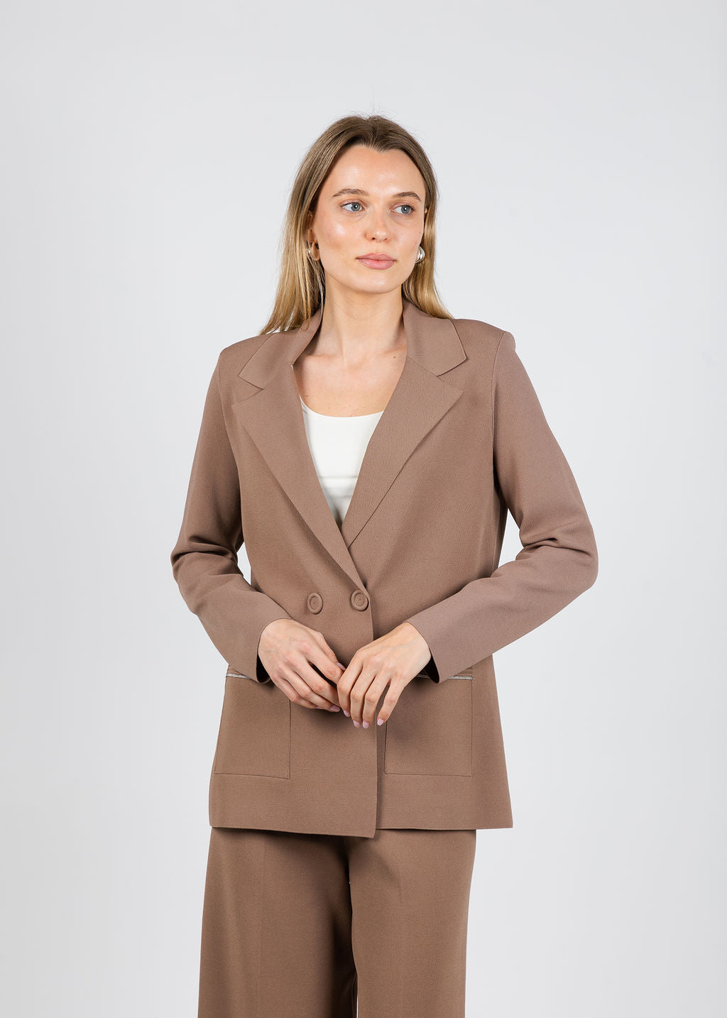 D.Exterior Beaded Trim Blazer in Mocha available at Barbara Katz