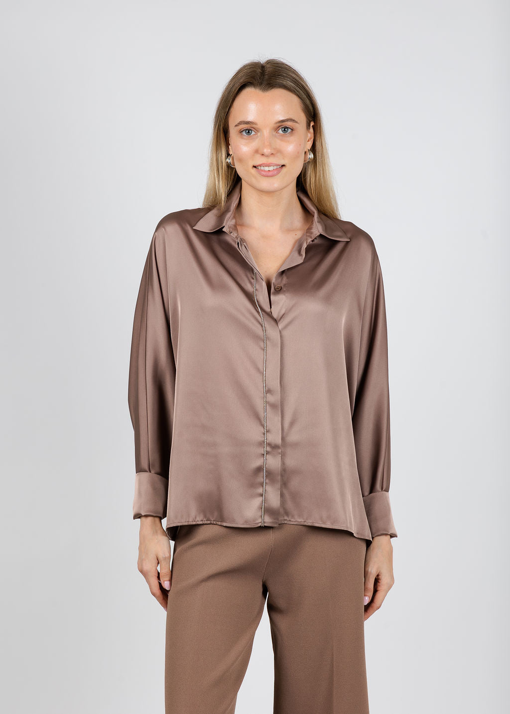 D.Exterior Beaded Trim Blouse in Mocha available at Barbara Katz