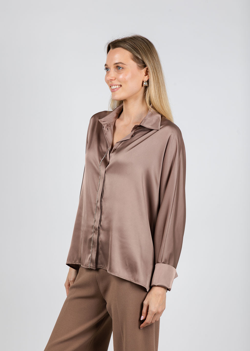 D.Exterior Beaded Trim Blouse in Mocha available at Barbara Katz
