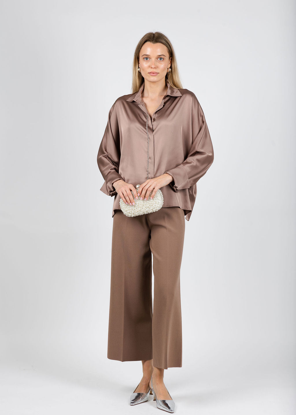 D. Exterior Beaded Trim Blouse in Mocha paired with D. Exterior Wide Leg Trousers in Mocha available at Barbara Katz