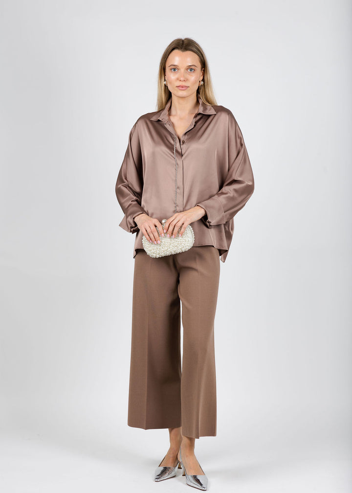 D. Exterior Beaded Trim Blouse in Mocha paired with D. Exterior Wide Leg Trousers in Mocha available at Barbara Katz