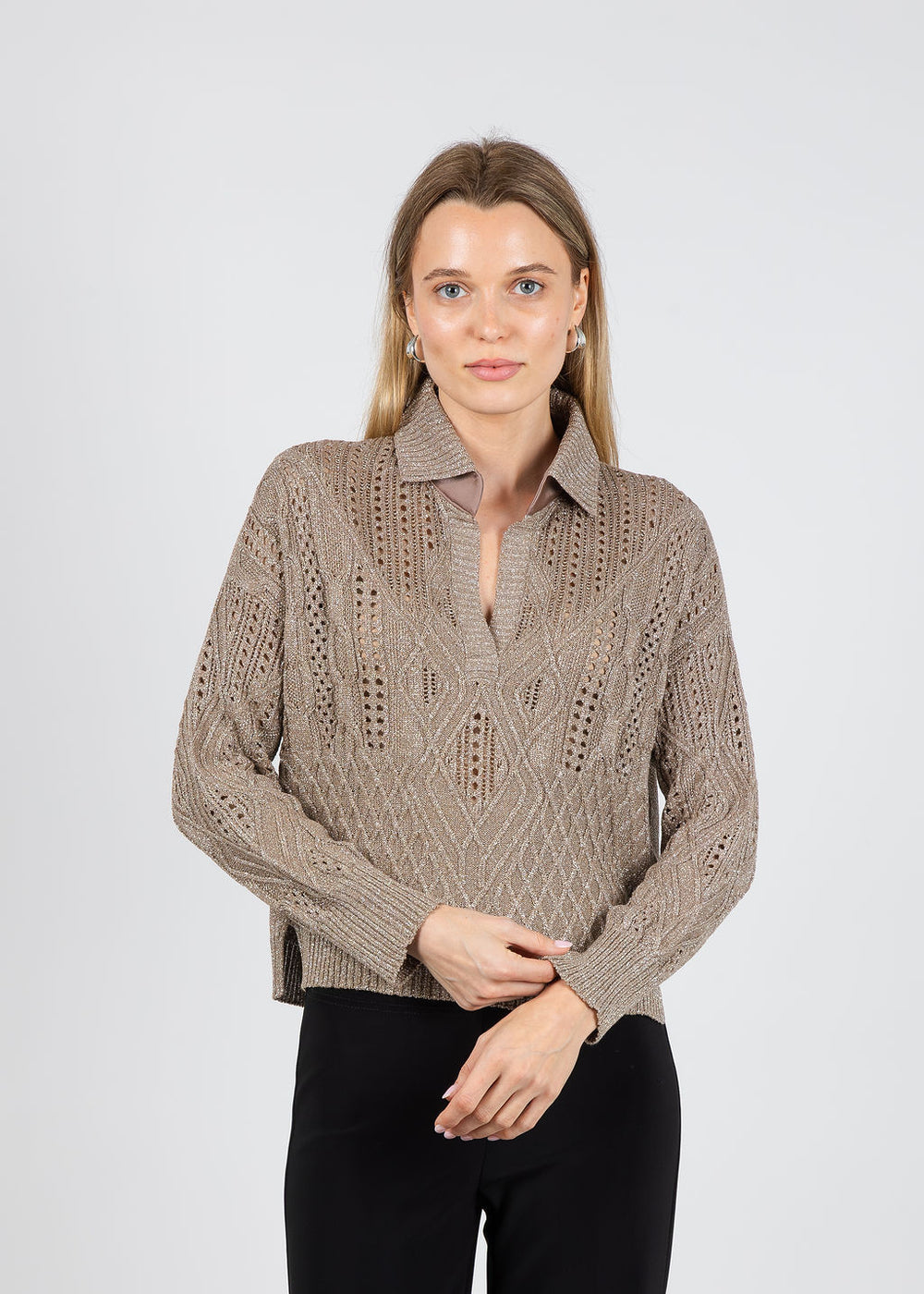 D. Exterior Lurex Cable Sweater in Mocha available at Barbara Katz