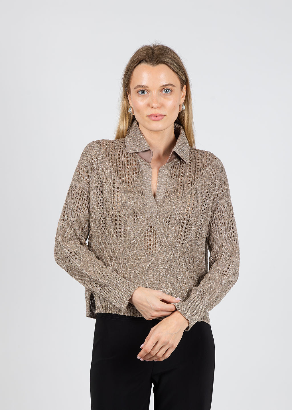 D. Exterior Lurex Cable Sweater in Mocha available at Barbara Katz