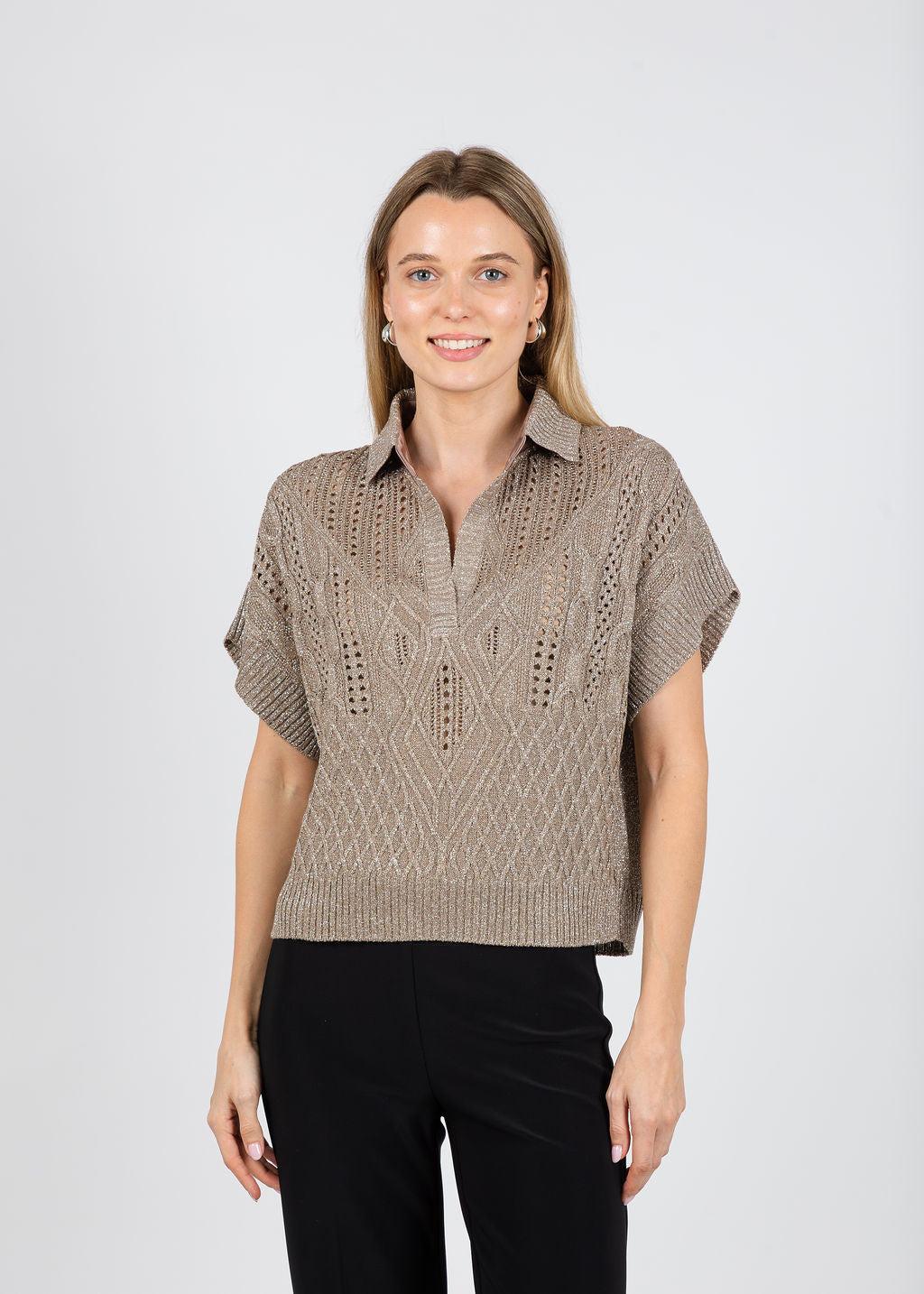 D.Exterior Short Sleeve Lurex Cable Polo Sweater in Conchiglia available at Barbara Katz